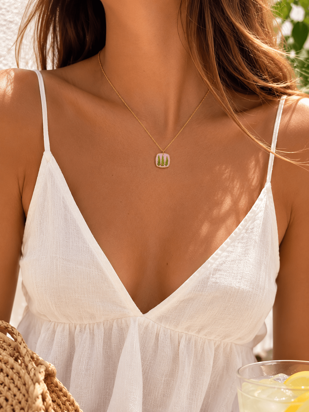 Collana Artigianale con Felce Essiccata in Resina Rosa – Acciaio Inossidabile - ANIMO