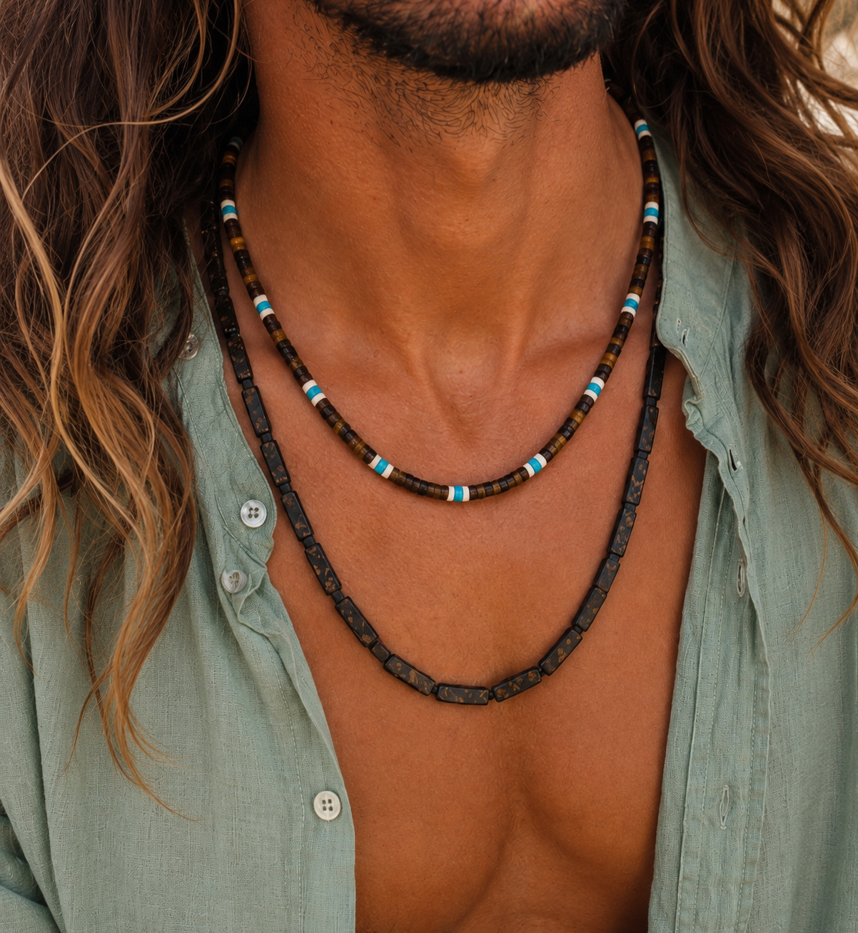Collana uomo artigianale Occhio di Tigre, Olite e Turchese Azzurro