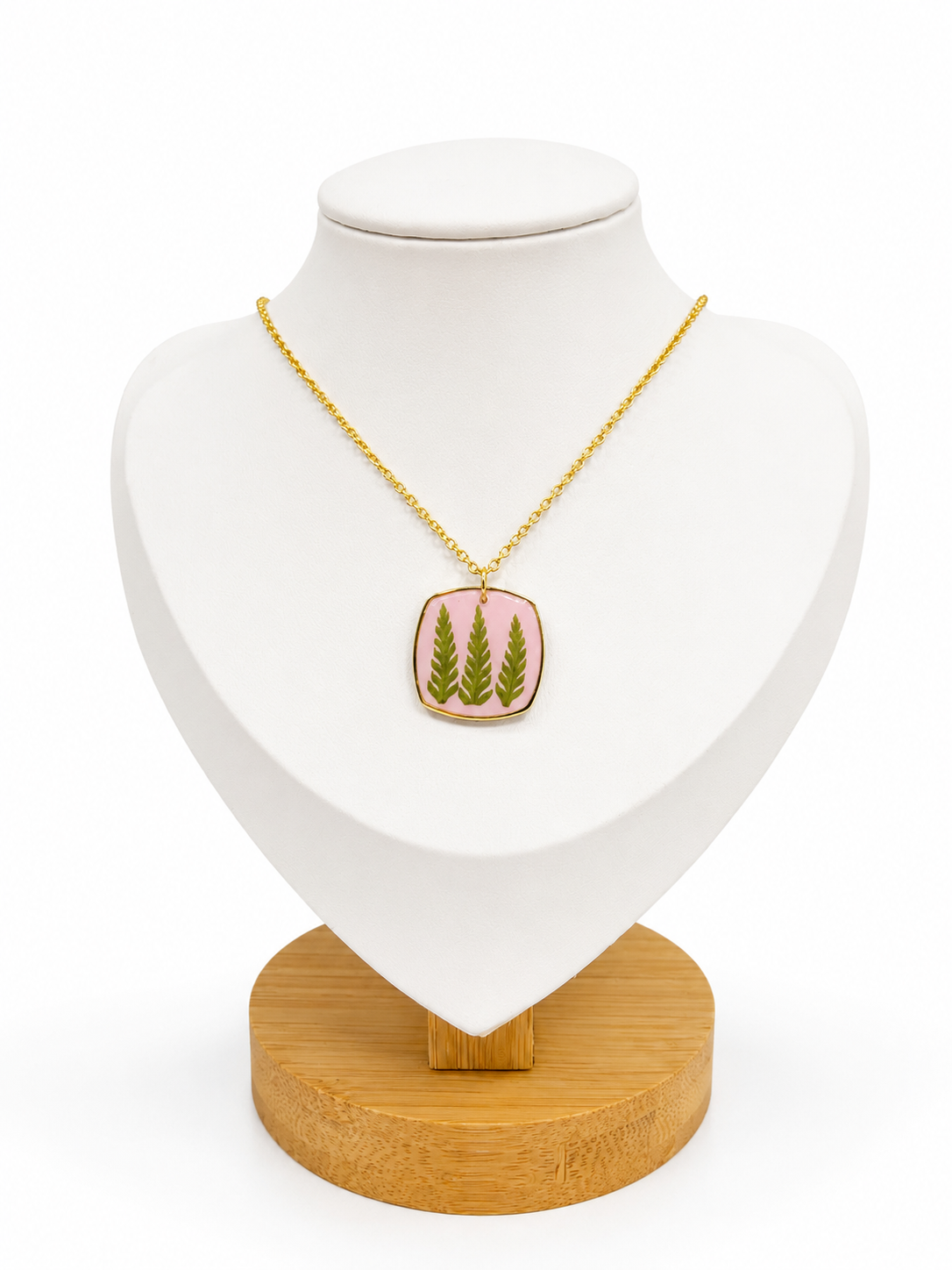 Collana Artigianale con Felce Essiccata in Resina Rosa – Acciaio Inossidabile