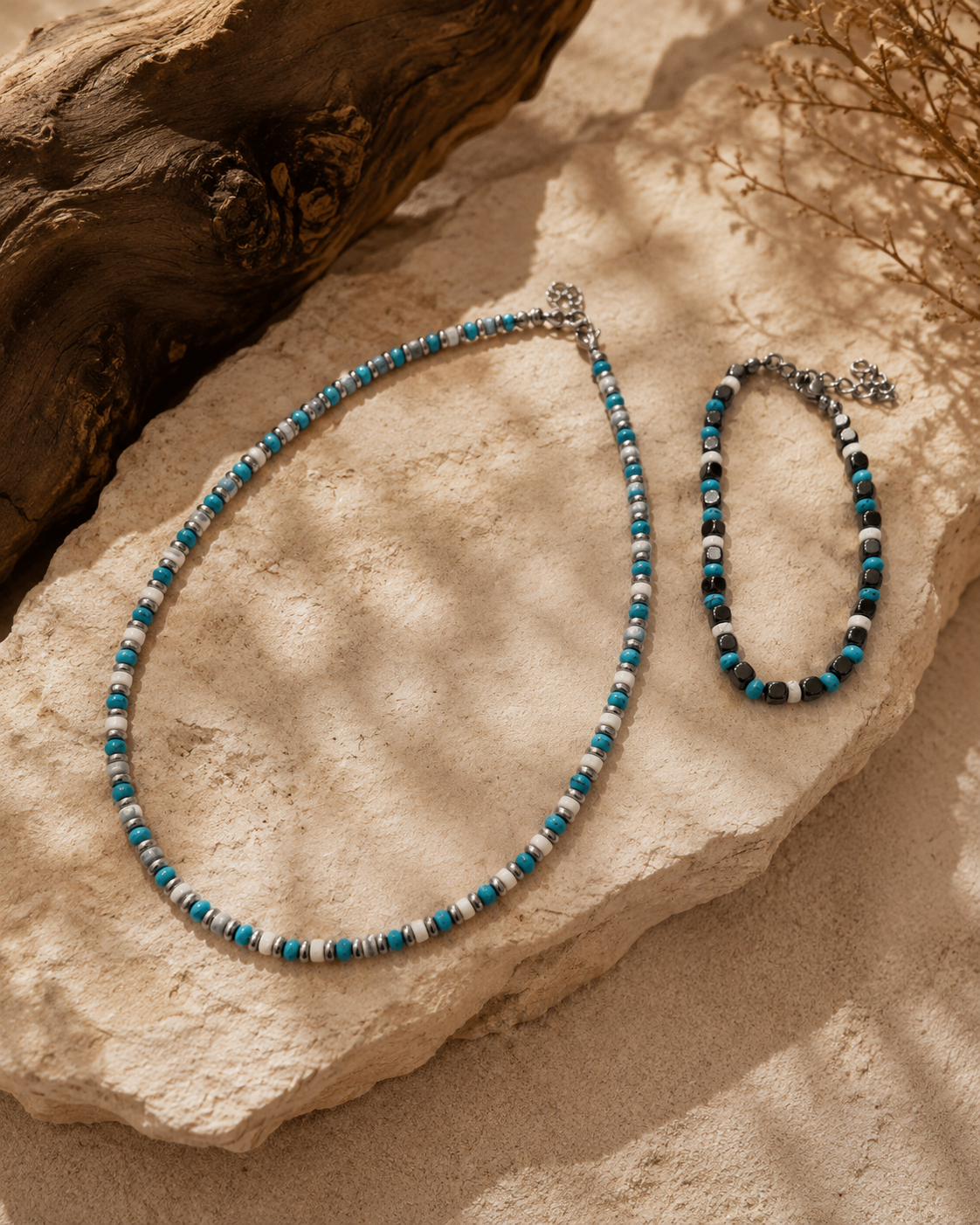 Collana artigianale in Turchese Azzurro, Olite ed Ematite